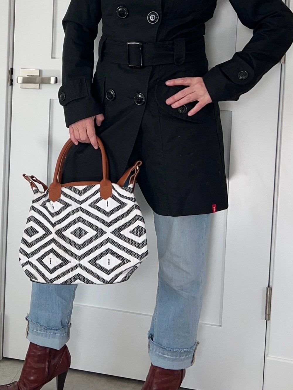 Tribe Alive Black & White Geometric Shoulder Tote with Brown Trim
